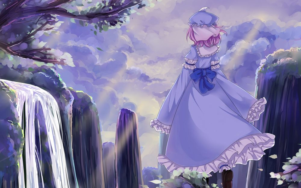 Обои для рабочего стола Ремилия Скарлет / Remilia Scarlet из игры Тохо / Проект Восток / Touhou Project стоит на фоне деревьев, водопадов и неба