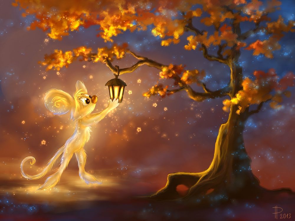 Обои для рабочего стола Волшебный чудик держится за фонарь, который весит на осеннем дереве, работа forgotten autumn / забытая осень, автор Rom-Art