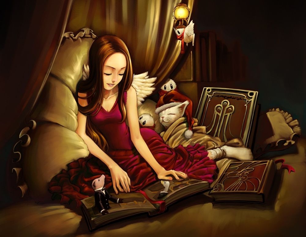 Обои для рабочего стола Девушка ангел сидит на кровати, разглядывая страницы открытой книги, рядом лежат еще две книги, спит белый котенок, укрытый покрывалом, сидят два каких-то существа, одно существо летает около зажженного светильника