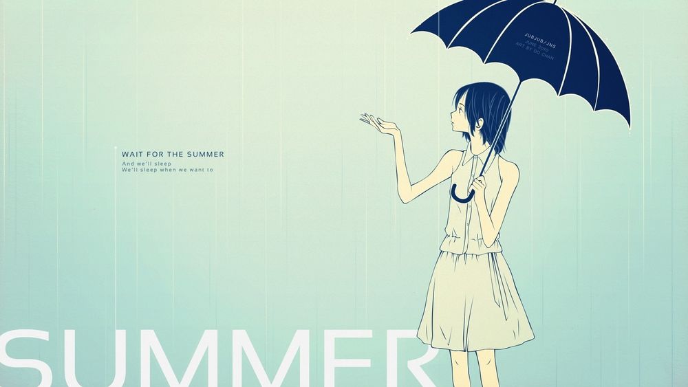 Обои для рабочего стола Девушка стоит под зонтом, ловя рукой капли дождя (SUMMER;WAIT FOR THE SUMMER And well sleep Well sleep when we want to)