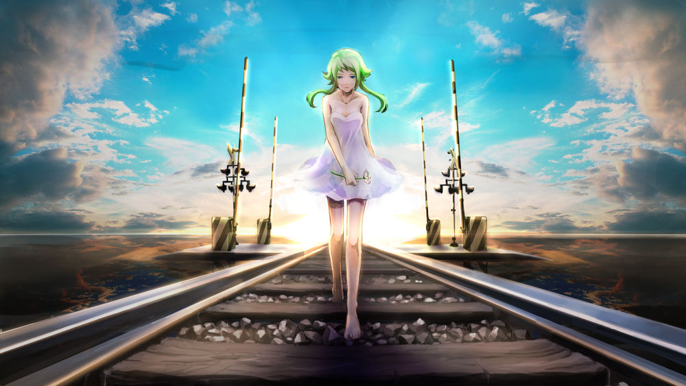 Обои для рабочего стола Vocaloid Gumi Megpoid / Вокалоид Гуми Мегпоид в белом платье идет по железной дороге, держа в руке цветок, на фоне неба