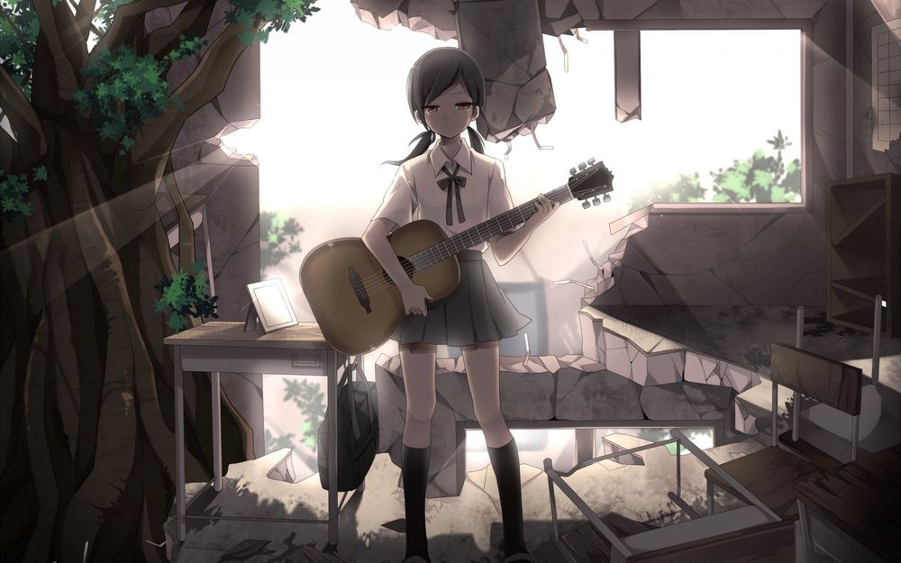 Обои для рабочего стола Девушка в школьной форме стоит держа в руках гитару плача смотря в сторону на фоне разбитой стены, школьных парт и дерева
