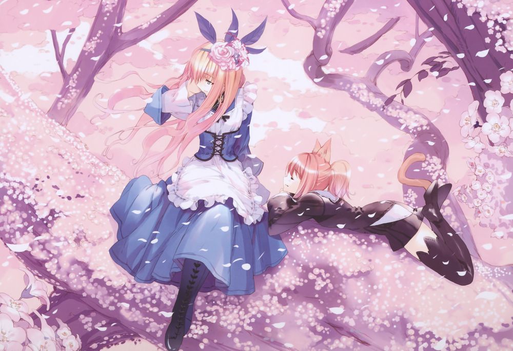Обои для рабочего стола Девушка и неко-девушка на фоне цветущей сакуры под падающими лепестками