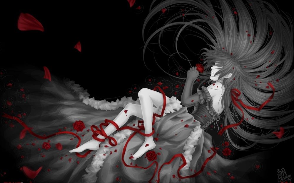 Обои для рабочего стола Алиса / Alice из аниме Сердца Пандоры / Pandora Hearts, ноги которой обвивает красная лента, лежит на черном фоне с розой в руках под падающими лепестками