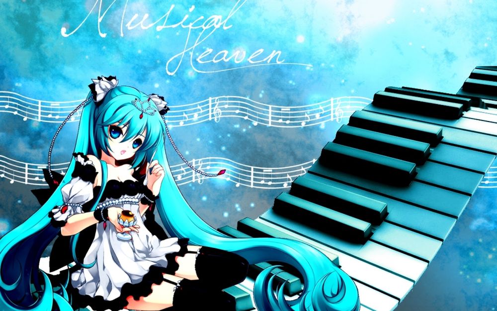 Обои для рабочего стола Девочка сидит на клавишах пианино, вокруг нее нотные стены и надпись musical heaven / музыкальные небеса