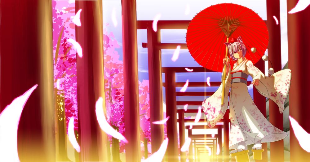 Обои для рабочего стола Inubashiri Momiji / Момидзи Инубашири из игры Тохо / Touhou, одетая в кимоно, с зонтом в руке стоит под падающими лепестками