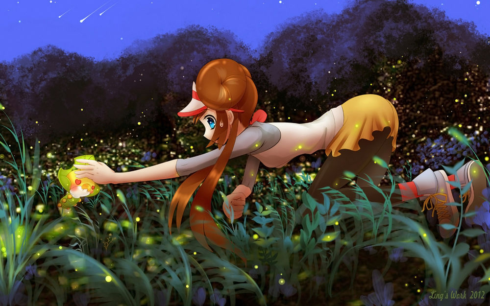 Обои для рабочего стола Девушка пытается поймать какое-то существо, стоя на коленях в траве на фоне деревьев и ночного неба