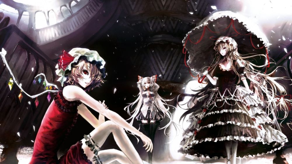 Обои для рабочего стола Фландре Скарлет / Flandre Scarlet, Рейму Хакурей / Reimu Hakurei и Юкари Якумо / Yukari Yakumi из игры Тохо / Проект Восток / Touhou Project в большом зале