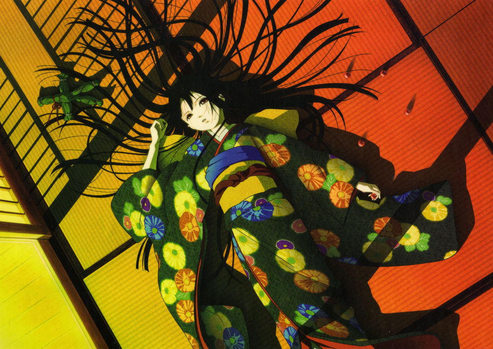 Обои для рабочего стола Энма Ай / Enma Ai из аниме Адская девочка / Jigoku Shoujo лежит на полу, рядом лежит кукла