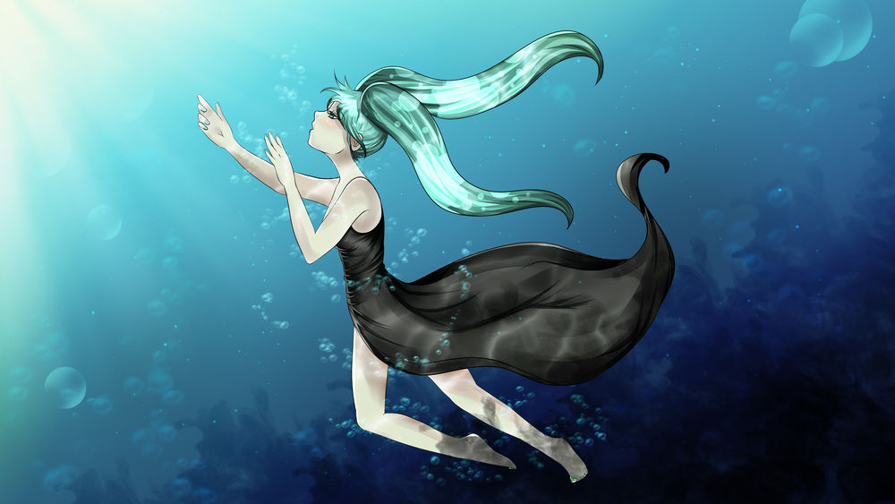 Обои для рабочего стола Vocaloid Hatsune Miku / Вокалоид Хатсуне Мику под водой протягивает руки к лучам света
