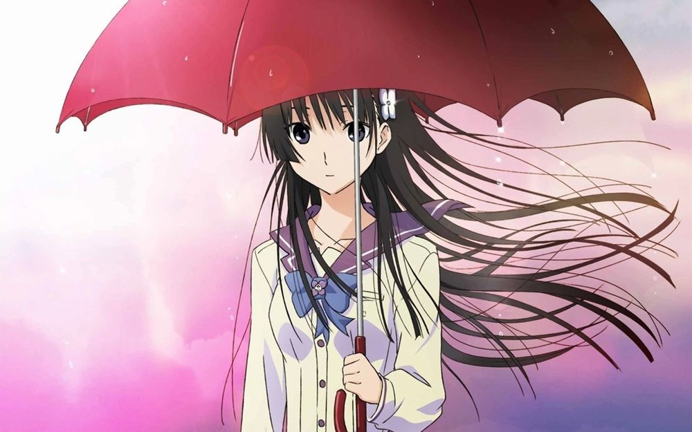Обои для рабочего стола Санка Рэя / Sanka Rea из аниме Санкарэя / Sankarea в школьной форме стоит под красным зонтом