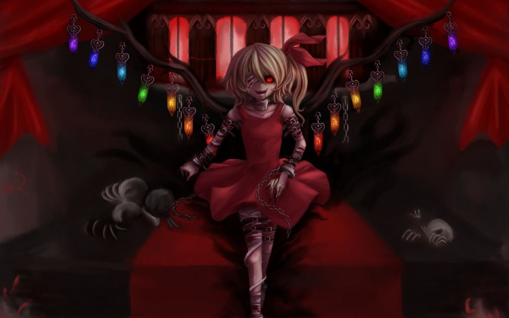 Обои для рабочего стола Фландре Скарлет / Flandre Scarlet из игры Тохо / Проект Восток / Touhou Project с забинтованным глазом, шеей и рукой сидит на красном полотне