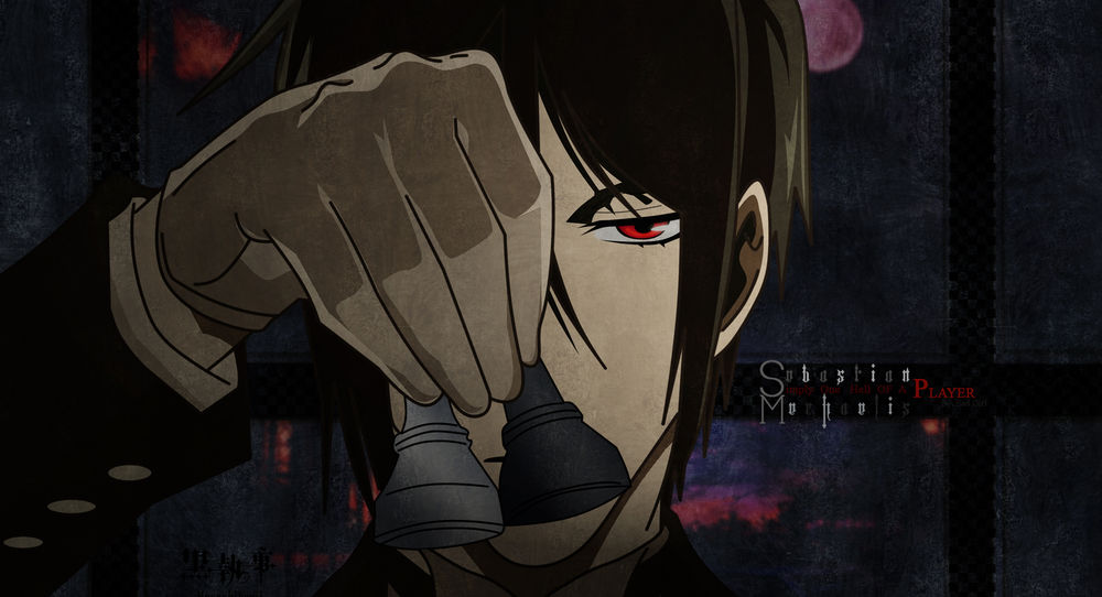 Обои для рабочего стола Sebastian Michaelis / Себастьян Михаэлис из аниме Темный дворецкий / Dark Butler / Kuro Shitsuji держит в руке две шахматных фигурки