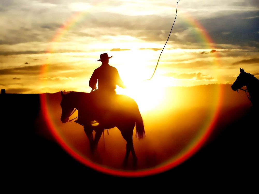 Обои для рабочего стола Ковбой сидя на лошади машет кнутом на фоне неба с закатом солнца