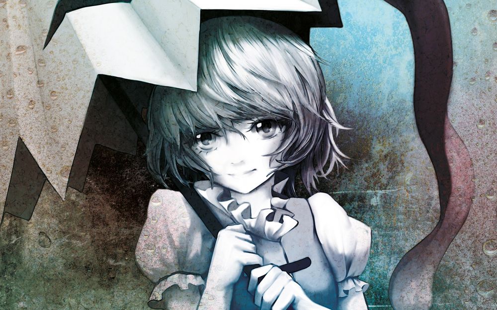 Обои для рабочего стола Tatara Kogasa улыбаясь, стоит под зонтом, из игры Touhou Project / Проект Восток