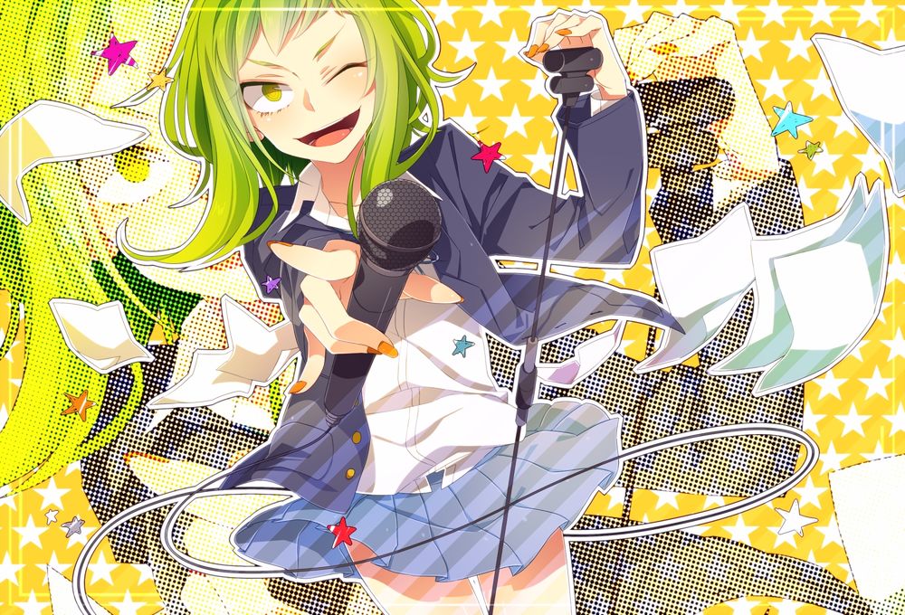 Обои для рабочего стола Вокалоид Гуми Мегпоид / Vocaloid Gumi Megpoid с микрофоном в руке подмигивает