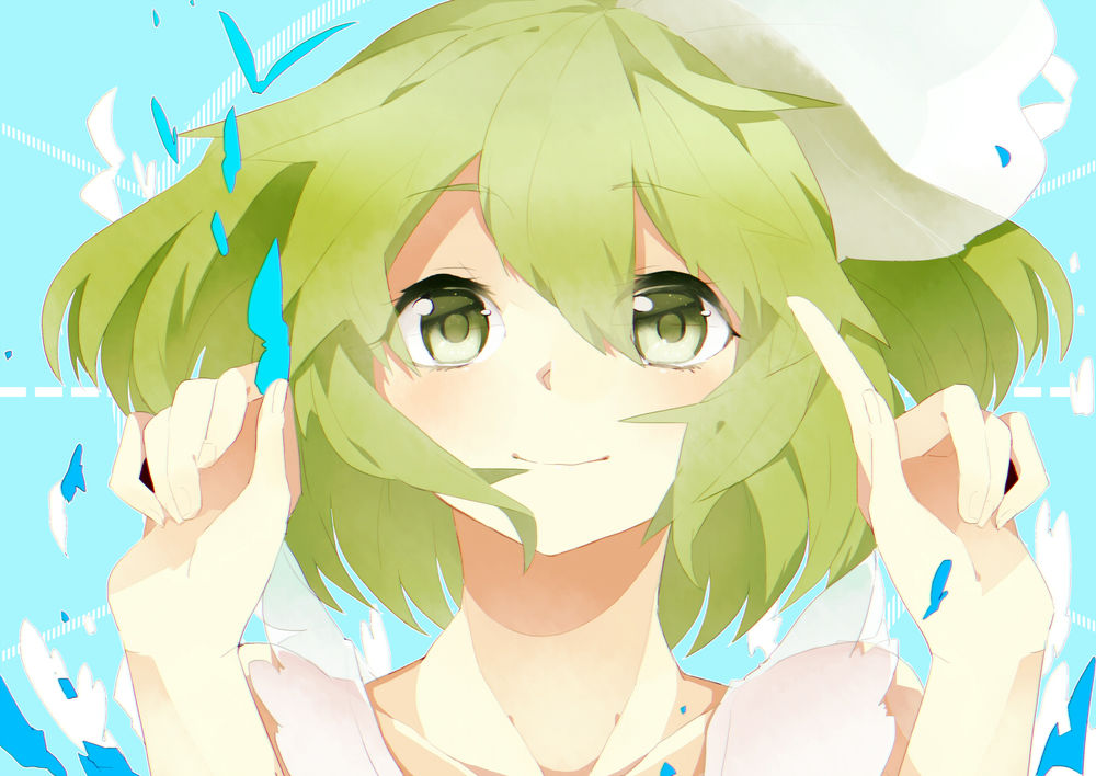Обои для рабочего стола Вокалоид Гуми Мегпоид / Vocaloid Gumi Megpoid держит что-то в руке