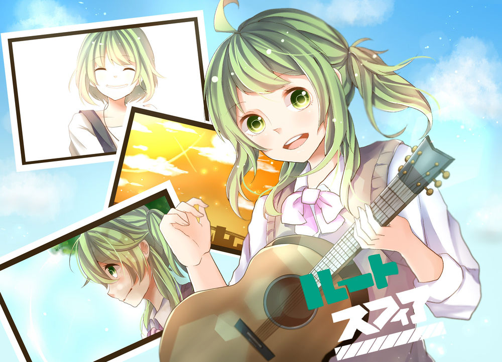 Обои для рабочего стола Вокалоид Гуми Мегпоид / Vocaloid Gumi Megpoid с гитарой в руке