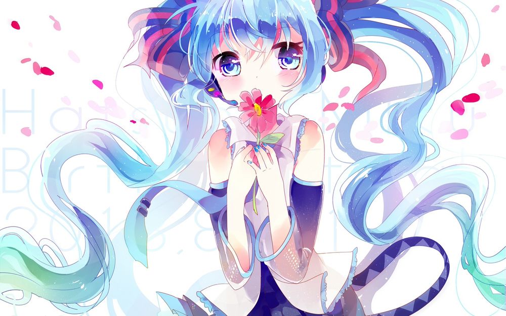 Обои для рабочего стола Vocaloid Hatsune Miku / Вокалоид Хатсуне Мику держит в руках цветок приложив его к губам