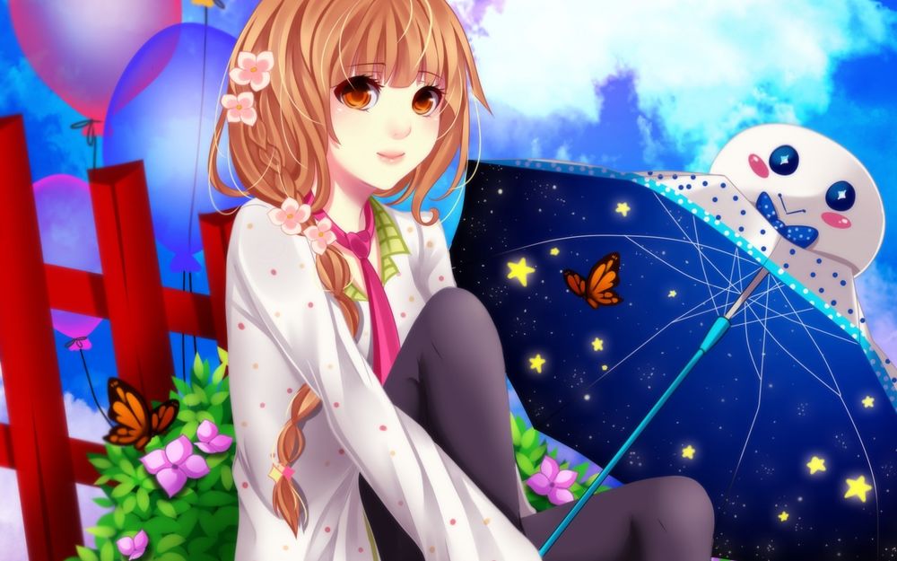 Обои для рабочего стола Девушка с цветами в волосах сидит, рядом лежит зонтик на котором изображено звездное небо на фоне воздушных шариков и голубого неба