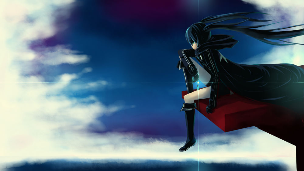 Обои для рабочего стола Mato Kuroi / Мато Курой сидит на фоне неба из аниме Black Rock Shooter / Стрелок с Черной скалы