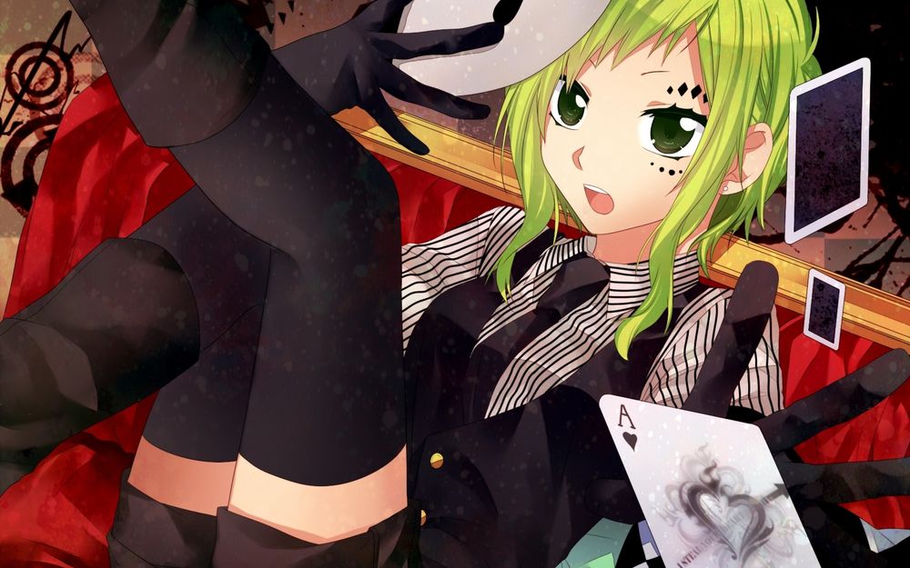 Обои для рабочего стола Вокалоид Гуми Мегпоид / Vocaloid Gumi Megpoid держит в руке маску протягивая руку к карте