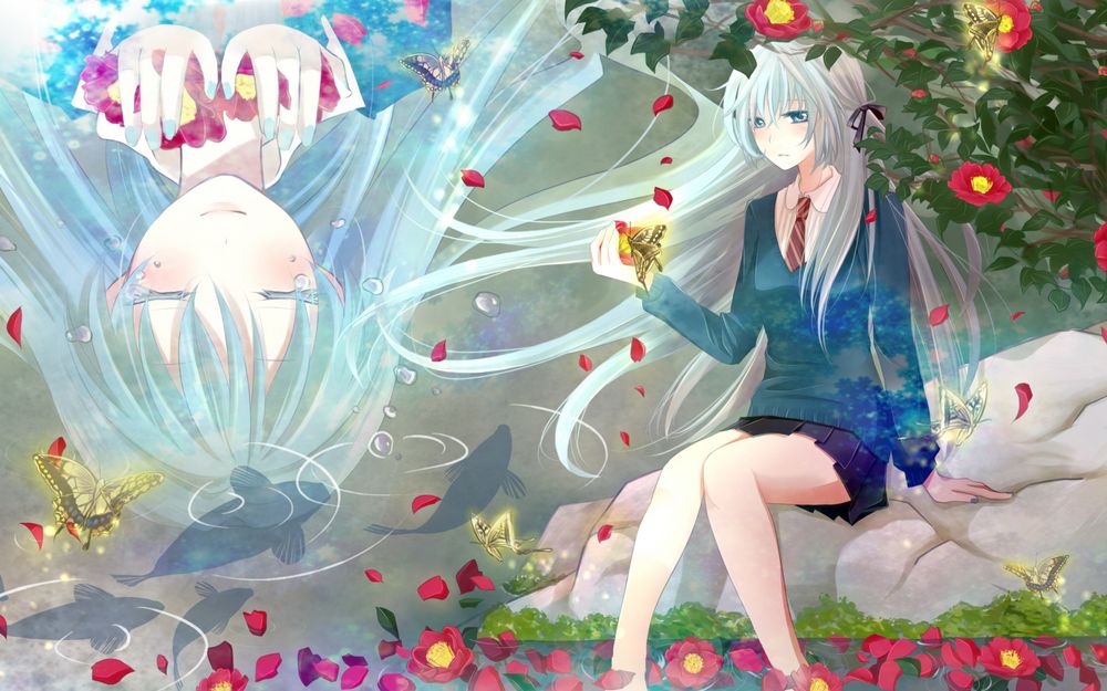 Обои для рабочего стола Vocaloid Hatsune Miku / Вокалоид Хатсуне Мику держит в руке цветок на котором сидит бабочка