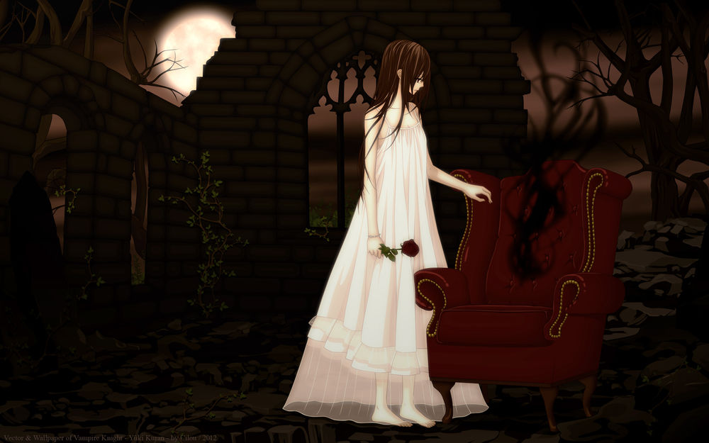 Обои для рабочего стола Юки Кросс / Yuki Cross из аниме Рыцарь-вампир / Vampire Knight с розой в руке смотрит на кресло