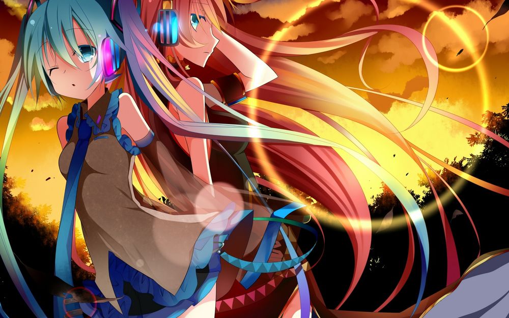 Обои для рабочего стола Vocaloids Hatsune Miku / Вокалоиды Хатсуне Мику и Megurine Luka / Мегурине Лука стоят на фоне неба