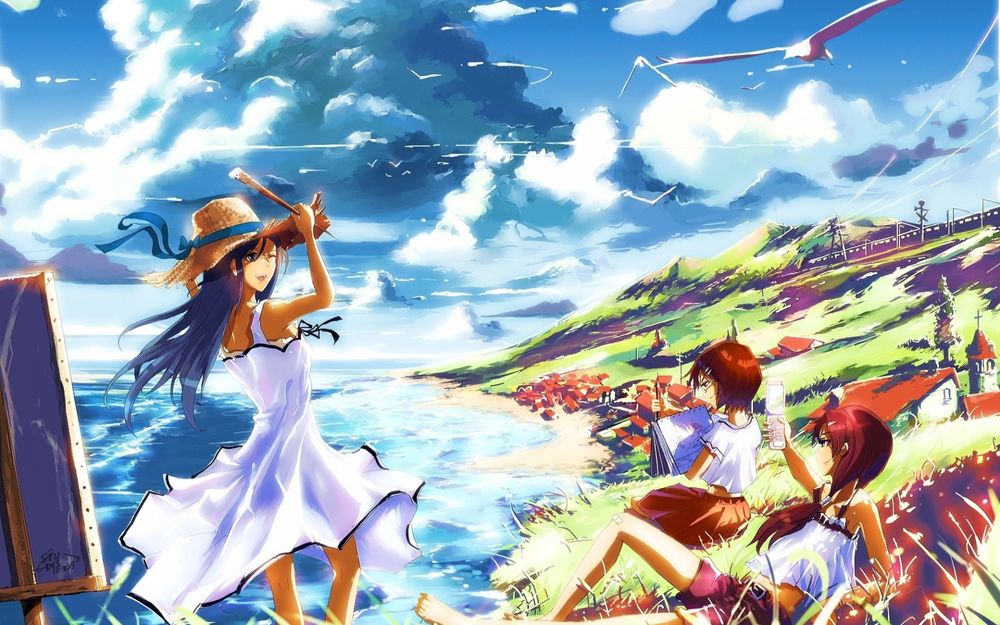 Обои для рабочего стола Девушка в белом платье стоит держа в руке кисть, рядом сидят две девушки на траве на фоне моря и неба