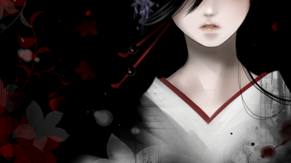 Обои для рабочего стола Темноволосая девушка, одетая в кимоно с пятнами крови