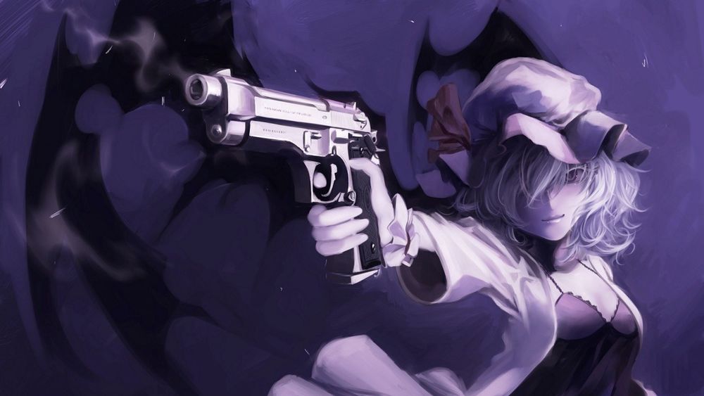 Обои для рабочего стола Remilia Scarlet / Ремилия Скарлет из игры Touhou Project / Проект Восток целится из пистолета
