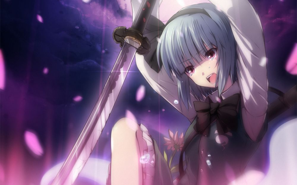 Обои для рабочего стола Konpaku Youmu со слезами на глазах держит в руках катану из игры Touhou / Восток