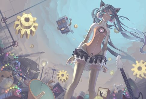 Обои на рабочий стол Vocaloid Hatsune Miku / Вокалоид Хатсуне Мику стоит на фоне неба в окружение разных предметов
