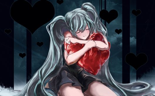 Обои на рабочий стол Vocaloid Hatsune Miku / Вокалоид Хатсуне Мику сидит с красным сердцем