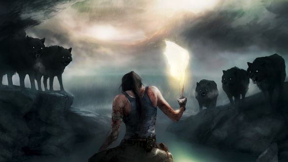 Обои на рабочий стол Лара Крофт / Lara Croft перебинтованная и вся в крови держит в руках факел, чтобы отогнать волков, арт к игре Расхитительница гробниц / Tomb Raider