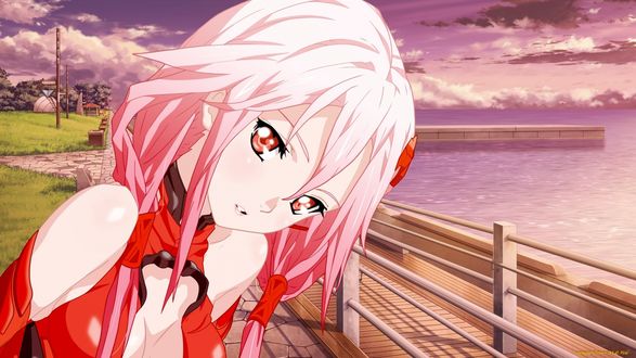 Обои на рабочий стол Инори Юдзуриха / Inori Yudzuriha из аниме Корона греха / Guilty Crown стоит возле водоема на фоне полей