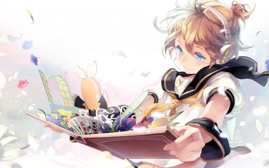 Обои на рабочий стол Вокалоид Лен Кагамине / Vocaloid Len Kagamine в наушниках на голове держит в руках раскрытую книгу