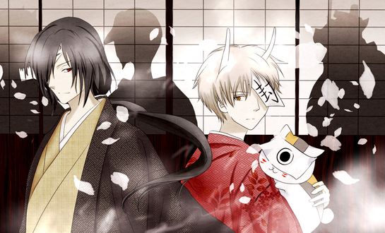 Обои на рабочий стол Matoba Seiji / Матоба Сейджи, Natsume Takashi / Такаси Нацумэ и Nyanko-sensei / Нянко-сенсей из аниме Natsume’s Book of Friends / Natsume Yuujinchou / Тетрадь дружбы Нацумэ