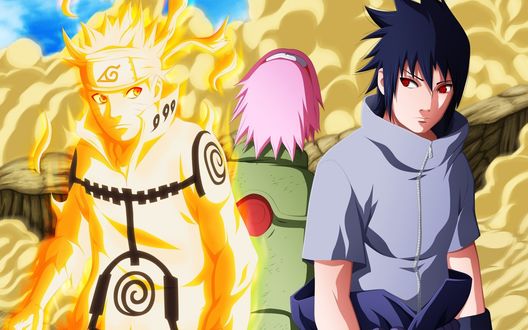 Обои на рабочий стол Учиха Саске / Uchiha Sasuke Сакура Харуно / Sakura Haruno и Наруто Узумаки / Naruto Uzumaki