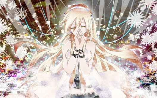 Обои на рабочий стол Vocaloid IA / Вокалоид Йа в наушниках приложила руки к лицу