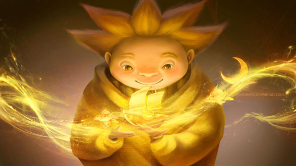 Обои на рабочий стол Песочный человек, из мультфильма Хранители снов / Rise of the Guardians, держит в руках песочный корабль