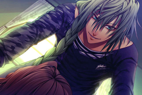 Обои на рабочий стол Уке / Ukyo склонился над главной героиней из аниме Амнезия / Amnesia, художник Hanamura Mai