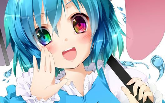 Обои на рабочий стол Tatara Kogasa с цветными глазами под зонтом из игры Touhou Project / Проект Восток