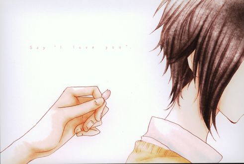 Обои на рабочий стол Yamato Kurosawa / Ямато Куросава снимает лепесток с Tachibana Mei / Татибаны Мей, арт по аниме Скажи Я люблю тебя / Suki-tte Ii na yo стоит под зонтом, художник Hazuki Kanae