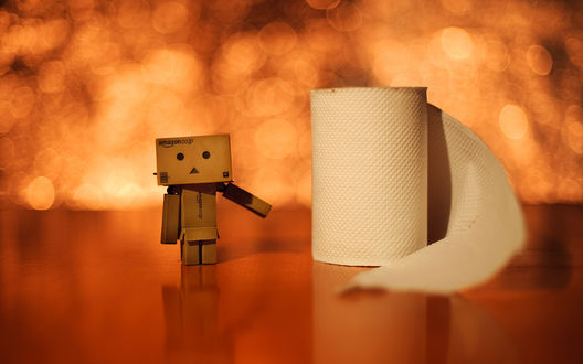 Обои на рабочий стол Картонный человечек Данбо / Danbo стоит рядом с рулоном бумажных полотенец