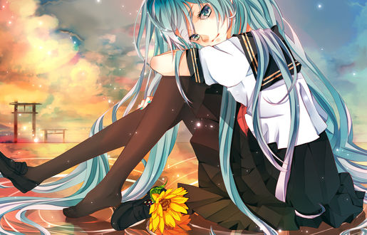 Обои на рабочий стол Vocaloid Hatsune Miku / Вокалоид Хатсуне Мику сидит в воде, рядом лежит цветок
