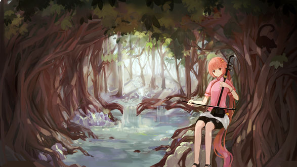 Обои на рабочий стол Vocaloid Nekomura Iroha / Вокалоид Некомура Ироха сидит у дерева с музыкальным инструментом