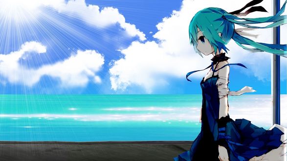 Обои на рабочий стол Vocaloid Hatsune Miku / Вокалоид Хатсуне Мику стоит на фоне неба и моря