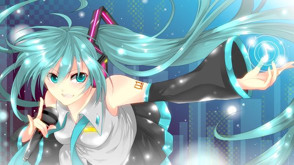 Обои на рабочий стол Vocaloid Hatsune Miku / Вокалоид Хатсуне Мику с микрофоном в руках